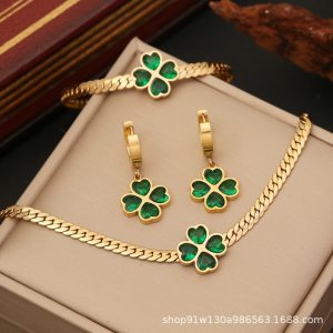 European and American cross-border fashionOLLove Four Leaf Flower Emerald Zirconia New Stainless Steel Earrings Necklace Bracelet Set